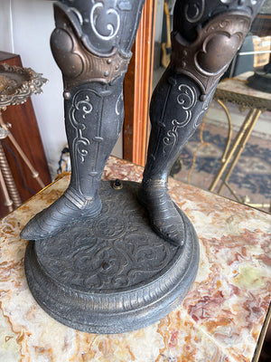 Rare 36" tall Antique 1880s Victorian Conquistador Converted Gas Spelter Figural Lamp with Original Bronzed and Silver Finish and Original Acid Etched Scenic 5" Shade