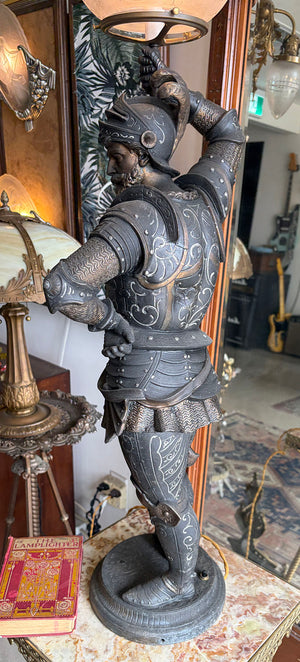 Rare 36" tall Antique 1880s Victorian Conquistador Converted Gas Spelter Figural Lamp with Original Bronzed and Silver Finish and Original Acid Etched Scenic 5" Shade