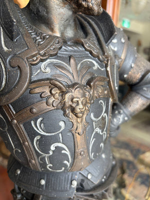 Rare 36" tall Antique 1880s Victorian Conquistador Converted Gas Spelter Figural Lamp with Original Bronzed and Silver Finish and Original Acid Etched Scenic 5" Shade