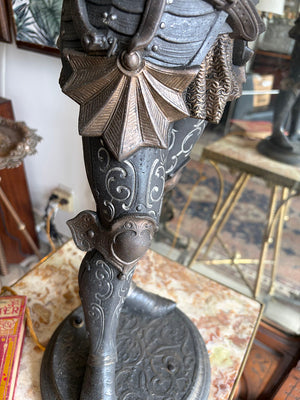 Rare 36" tall Antique 1880s Victorian Conquistador Converted Gas Spelter Figural Lamp with Original Bronzed and Silver Finish and Original Acid Etched Scenic 5" Shade