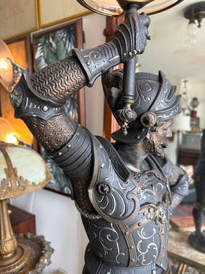 Rare 36" tall Antique 1880s Victorian Conquistador Converted Gas Spelter Figural Lamp with Original Bronzed and Silver Finish and Original Acid Etched Scenic 5" Shade