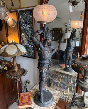 Rare 36" tall Antique 1880s Victorian Conquistador Converted Gas Spelter Figural Lamp with Original Bronzed and Silver Finish and Original Acid Etched Scenic 5" Shade