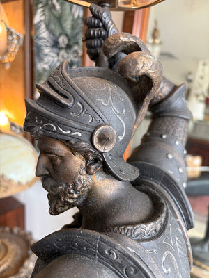 Rare 36" tall Antique 1880s Victorian Conquistador Converted Gas Spelter Figural Lamp with Original Bronzed and Silver Finish and Original Acid Etched Scenic 5" Shade
