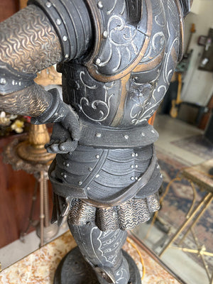 Rare 36" tall Antique 1880s Victorian Conquistador Converted Gas Spelter Figural Lamp with Original Bronzed and Silver Finish and Original Acid Etched Scenic 5" Shade