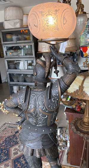 Rare 36" tall Antique 1880s Victorian Conquistador Converted Gas Spelter Figural Lamp with Original Bronzed and Silver Finish and Original Acid Etched Scenic 5" Shade
