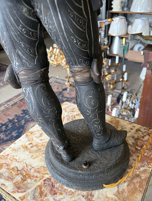 Rare 36" tall Antique 1880s Victorian Conquistador Converted Gas Spelter Figural Lamp with Original Bronzed and Silver Finish and Original Acid Etched Scenic 5" Shade