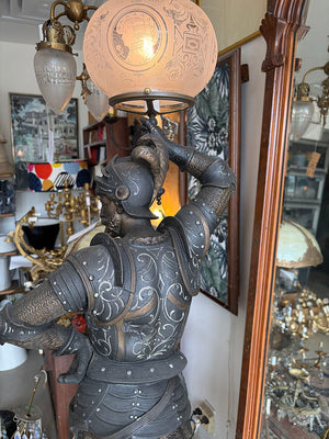 Rare 36" tall Antique 1880s Victorian Conquistador Converted Gas Spelter Figural Lamp with Original Bronzed and Silver Finish and Original Acid Etched Scenic 5" Shade