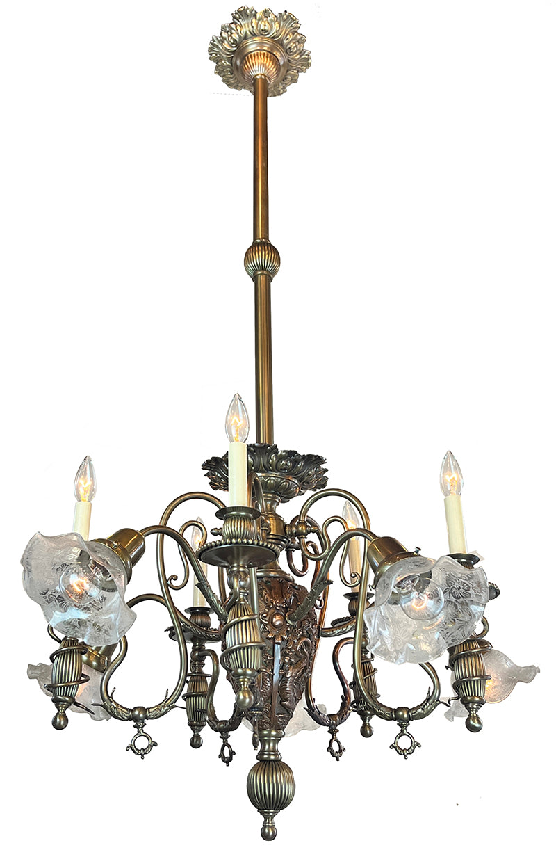 Incredible Antique Late 1880s Aesthetic Movement Combination Gas Electric Chandelier with Dragons. Cherubs, Owl and Sea Serpent Motif