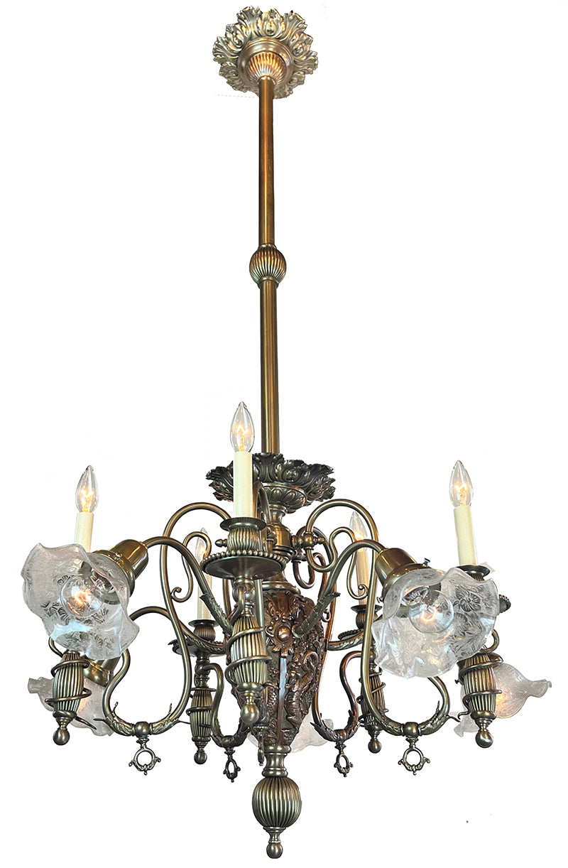 Incredible Late 1880s Aesthetic Movement Combination Gas Electric Chandelier with Dragons. Cherubs, Owl and Sea Serpent Motif