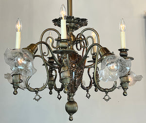 Incredible Antique Late 1880s Aesthetic Movement Combination Gas Electric Chandelier with Dragons. Cherubs, Owl and Sea Serpent Motif