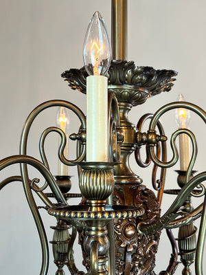 Incredible Antique Late 1880s Aesthetic Movement Combination Gas Electric Chandelier with Dragons. Cherubs, Owl and Sea Serpent Motif
