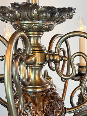 Incredible Antique Late 1880s Aesthetic Movement Combination Gas Electric Chandelier with Dragons. Cherubs, Owl and Sea Serpent Motif