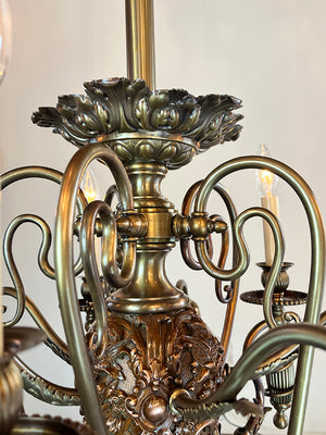 Incredible Late 1880s Aesthetic Movement Combination Gas Electric Chandelier with Dragons. Cherubs, Owl and Sea Serpent Motif