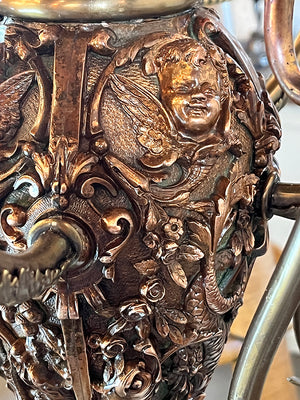 Incredible Antique Late 1880s Aesthetic Movement Combination Gas Electric Chandelier with Dragons. Cherubs, Owl and Sea Serpent Motif