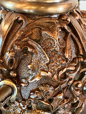 Incredible Antique Late 1880s Aesthetic Movement Combination Gas Electric Chandelier with Dragons. Cherubs, Owl and Sea Serpent Motif