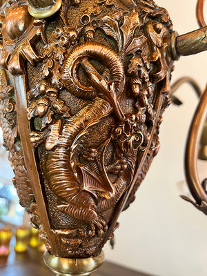 Incredible Antique Late 1880s Aesthetic Movement Combination Gas Electric Chandelier with Dragons. Cherubs, Owl and Sea Serpent Motif