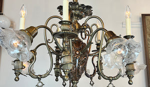 Incredible Late 1880s Aesthetic Movement Combination Gas Electric Chandelier with Dragons. Cherubs, Owl and Sea Serpent Motif