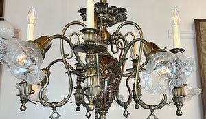 Incredible Antique Late 1880s Aesthetic Movement Combination Gas Electric Chandelier with Dragons. Cherubs, Owl and Sea Serpent Motif