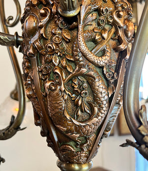 Incredible Late 1880s Aesthetic Movement Combination Gas Electric Chandelier with Dragons. Cherubs, Owl and Sea Serpent Motif