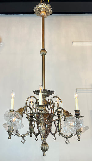 Incredible Antique Late 1880s Aesthetic Movement Combination Gas Electric Chandelier with Dragons. Cherubs, Owl and Sea Serpent Motif