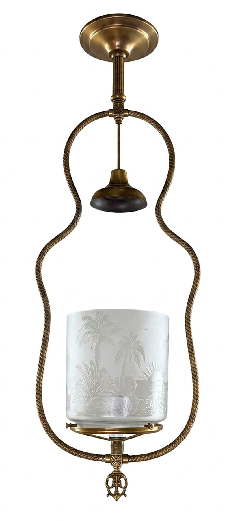 Antique Circa 1880 Eastlake Converted Gas Hoop with Rope Tubing and Antique Acid Etched Shade