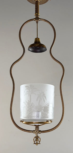 Antique Circa 1880 Eastlake Converted Gas Hoop with Rope Tubing and Antique Acid Etched Shade