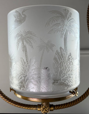 Antique Circa 1880 Eastlake Converted Gas Hoop with Rope Tubing and Antique Acid Etched Shade