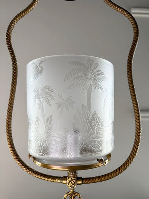Antique Circa 1880 Eastlake Converted Gas Hoop with Rope Tubing and Antique Acid Etched Shade