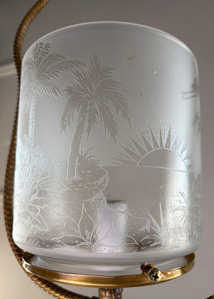 Antique Circa 1880 Eastlake Converted Gas Hoop with Rope Tubing and Antique Acid Etched Shade