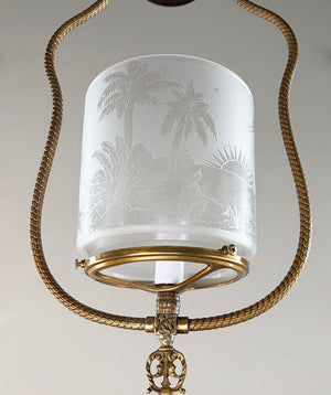 Antique Circa 1880 Eastlake Converted Gas Hoop with Rope Tubing and Antique Acid Etched Shade