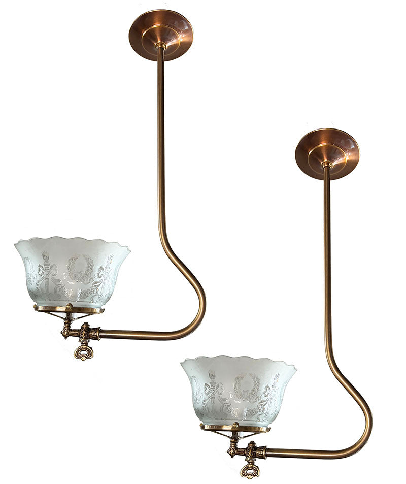 $950 PAIR - Antique Circa 1890 Converted Gas Scroll Arm J Arm With Antique Stencil Etched Shades