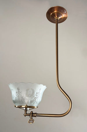 $950 PAIR - Antique Circa 1890 Converted Gas Scroll Arm J Arm With Antique Stencil Etched Shades