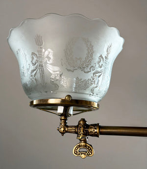 $950 PAIR - Antique Circa 1890 Converted Gas Scroll Arm J Arm With Antique Stencil Etched Shades