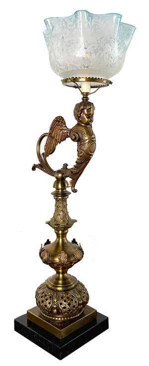 Outstanding Late 1880s early 1890s Converted Gas Winged Cherub Brass and Bronze Newel Post Light with Original Blue Tipped Etched Shade