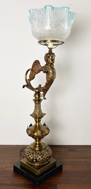 Outstanding Late 1880s early 1890s Converted Gas Winged Cherub Brass and Bronze Newel Post Light with Original Blue Tipped Etched Shade