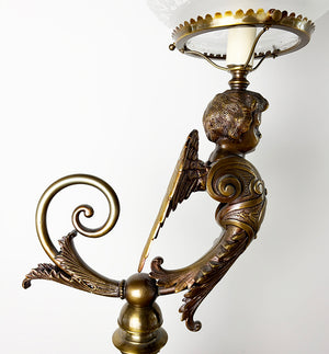 Outstanding Late 1880s early 1890s Converted Gas Winged Cherub Brass and Bronze Newel Post Light with Original Blue Tipped Etched Shade