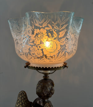 Outstanding Late 1880s early 1890s Converted Gas Winged Cherub Brass and Bronze Newel Post Light with Original Blue Tipped Etched Shade