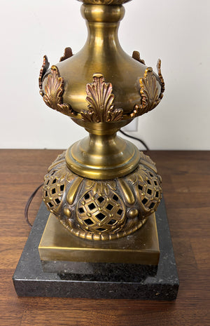 Outstanding Late 1880s early 1890s Converted Gas Winged Cherub Brass and Bronze Newel Post Light with Original Blue Tipped Etched Shade
