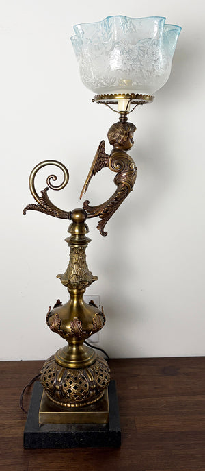 Outstanding Late 1880s early 1890s Converted Gas Winged Cherub Brass and Bronze Newel Post Light with Original Blue Tipped Etched Shade