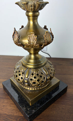 Outstanding Late 1880s early 1890s Converted Gas Winged Cherub Brass and Bronze Newel Post Light with Original Blue Tipped Etched Shade