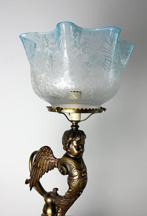 Outstanding Late 1880s early 1890s Converted Gas Winged Cherub Brass and Bronze Newel Post Light with Original Blue Tipped Etched Shade