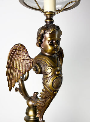 Outstanding Late 1880s early 1890s Converted Gas Winged Cherub Brass and Bronze Newel Post Light with Original Blue Tipped Etched Shade