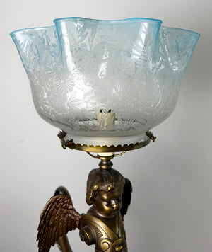 Outstanding Late 1880s early 1890s Converted Gas Winged Cherub Brass and Bronze Newel Post Light with Original Blue Tipped Etched Shade