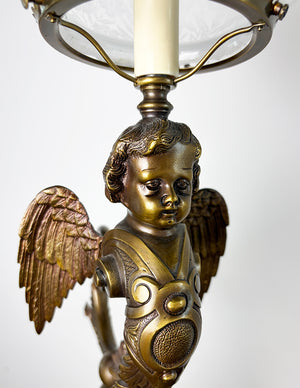 Outstanding Late 1880s early 1890s Converted Gas Winged Cherub Brass and Bronze Newel Post Light with Original Blue Tipped Etched Shade