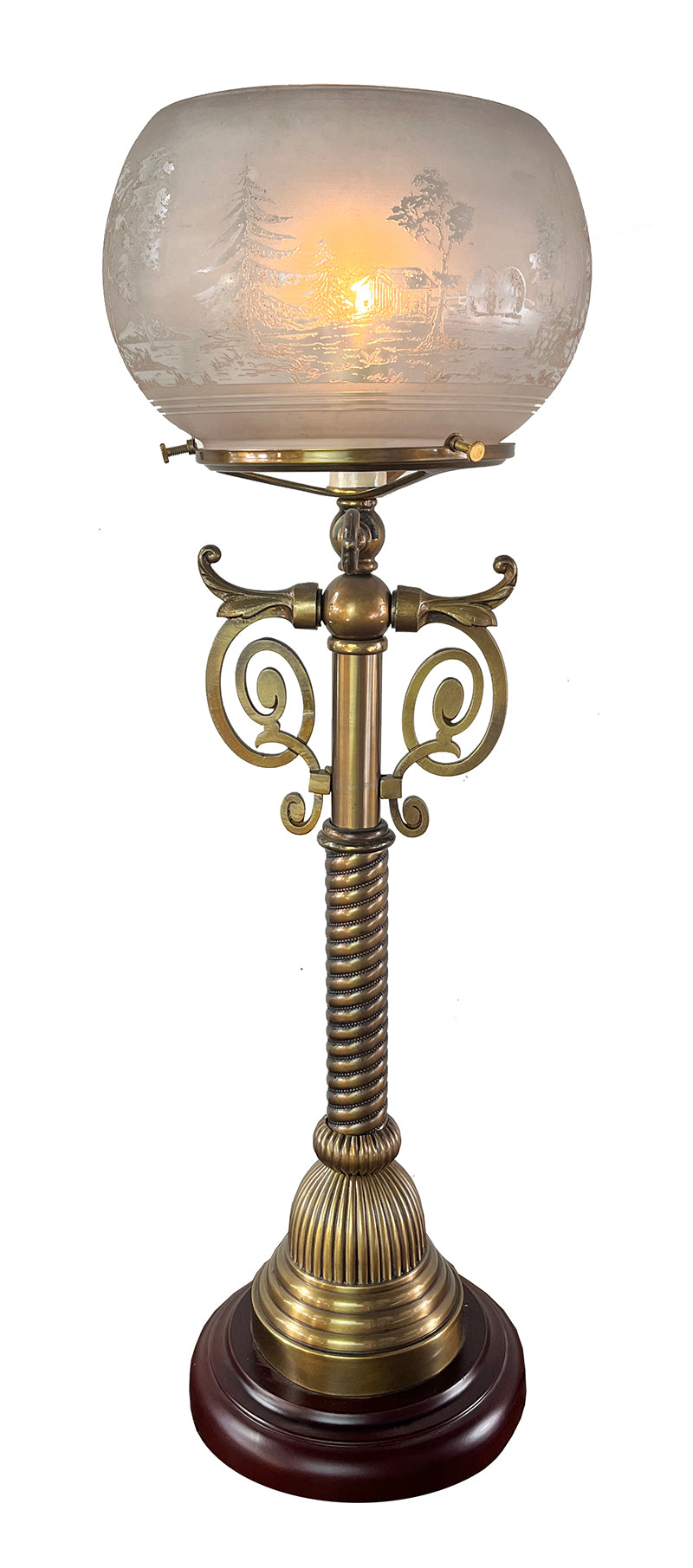 Antique Circa 1880s Converted Gas Newel Post Light with Antique Scenic Etched 5" Fitter Gas Fish Bowl Shade