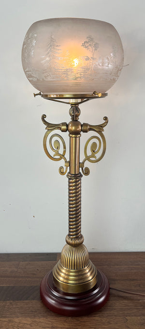 Antique Circa 1880s Converted Gas Newel Post Light with Antique Scenic Etched 5" Fitter Gas Fish Bowl Shade