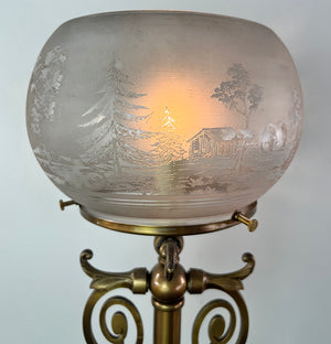 Antique Circa 1880s Converted Gas Newel Post Light with Antique Scenic Etched 5" Fitter Gas Fish Bowl Shade
