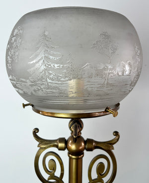 Antique Circa 1880s Converted Gas Newel Post Light with Antique Scenic Etched 5" Fitter Gas Fish Bowl Shade