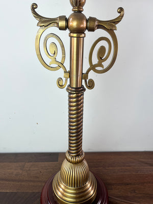 Antique Circa 1880s Converted Gas Newel Post Light with Antique Scenic Etched 5" Fitter Gas Fish Bowl Shade