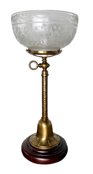 Antique 1880s Converted Gas Newel Post Lamp with Rope Tubing and Antique Eastklake Etched Shade